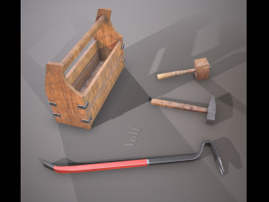 wooden toolbox and tools Model 3D