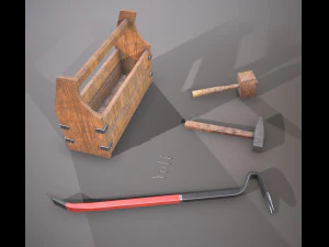 wooden toolbox and tools 3D Model