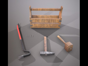 wooden toolbox and tools Model 3D