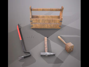 wooden toolbox and tools 3D Model