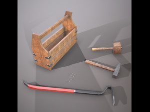 wooden toolbox and tools Model 3D