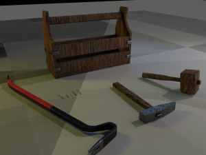 wooden toolbox and tools 3D Model