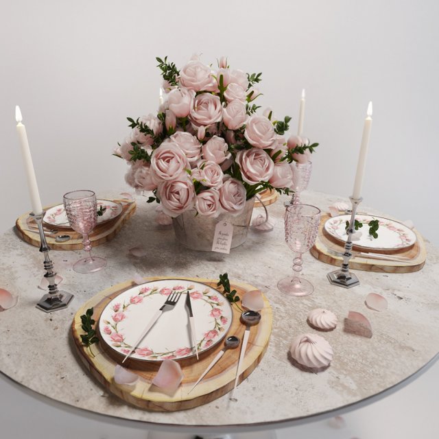 table setting with roses 3D मॉडल .c4d .max .obj .3ds .fbx .stl .blend 