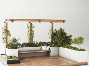 сад на даху та ландшафтні меблі з перголою 3D Модель