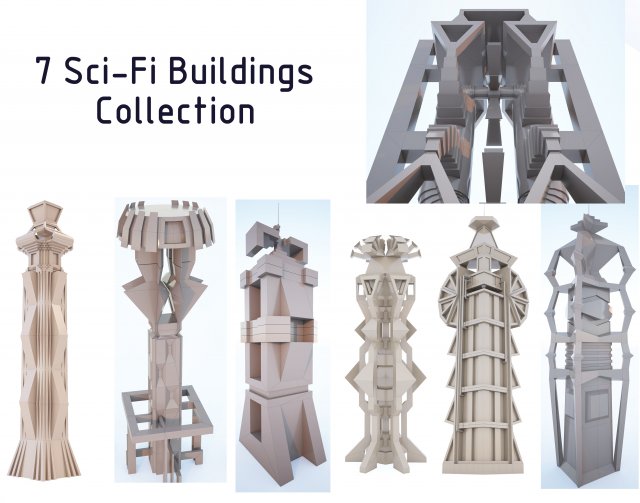 low-poly scifi building collection Model 3D .c4d .max .obj .3ds .fbx .stl .blend 