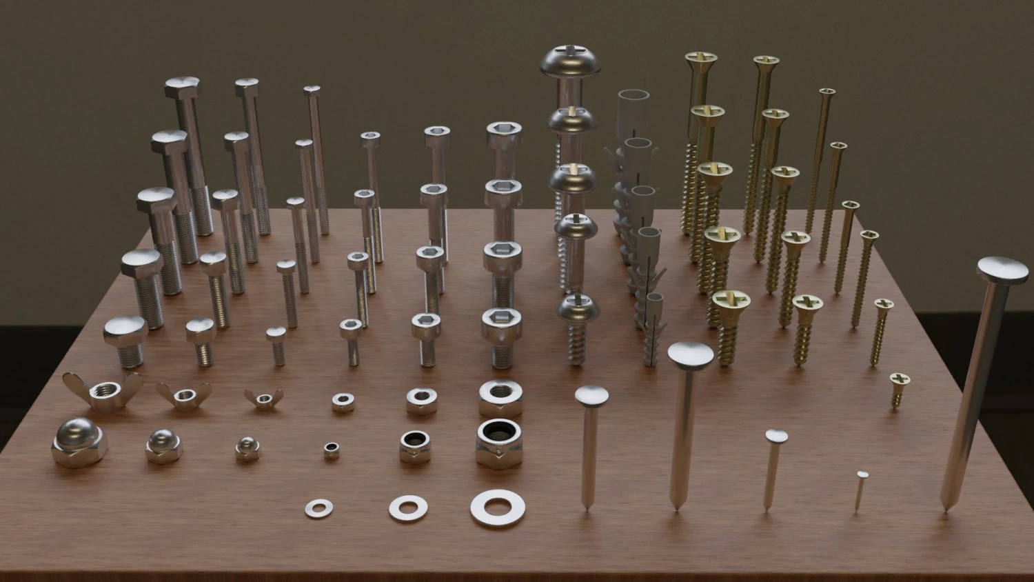 Satz mit 73 Teilen: Schrauben, Muttern, Unterlegscheiben, N&auml;gel usw 3D Modell .c4d .max .obj .3ds .fbx .stl .blend 
