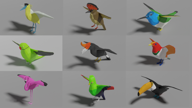 9 exotic birds pack low-poly Model 3D .c4d .max .obj .3ds .fbx .stl .blend 