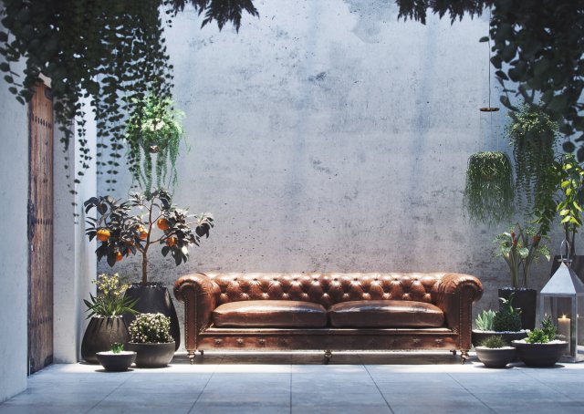 realistic courtyard interior scene with plants in pots - corona render 3D मॉडल .c4d .max .obj .3ds .fbx .stl .blend