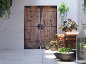 realistic courtyard interior scene with plants in pots - corona render 3D मॉडल