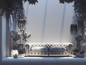 realistic courtyard interior scene with plants in pots - corona render 3D मॉडल