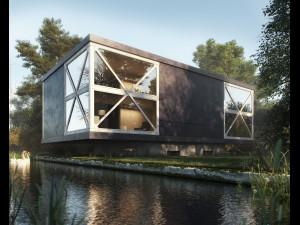 realistic exterior lake house in the woods 3D 模型