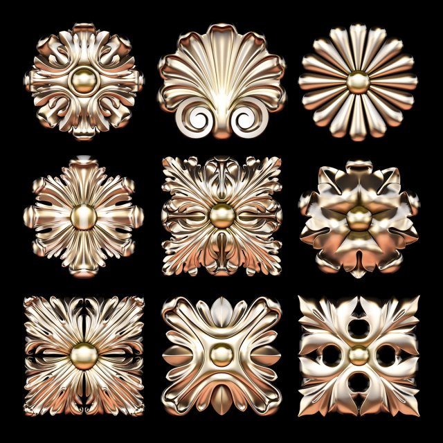 9 classic wood carving rosette models set 3D Model .c4d .max .obj .3ds .fbx .stl .blend
