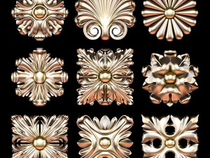 Set mit 9 klassischen Holzschnitz-Rosettenmodellen 3D Modell