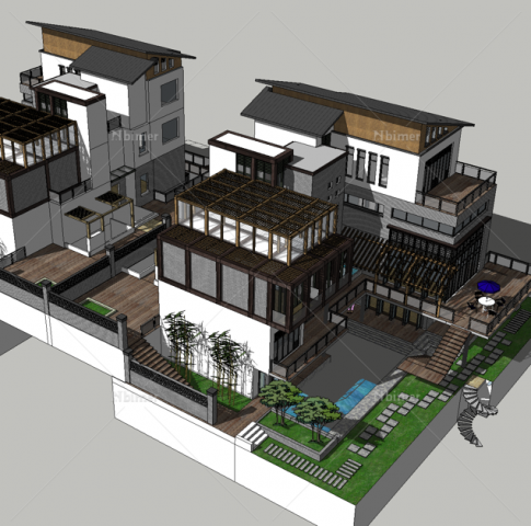 sketchup model of new chinese style double villa Model 3D .c4d .max .obj .3ds .fbx .stl .blend 