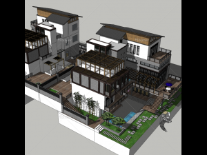 sketchup model of new chinese style double villa Modelo 3D