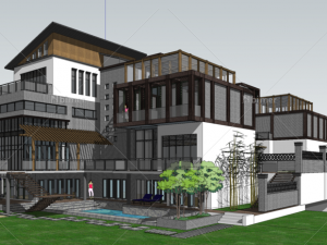 sketchup model of new chinese style double villa Model 3D