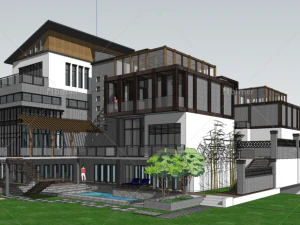 modello di schizzo della nuova villa doppia in stile cinese Modello 3D