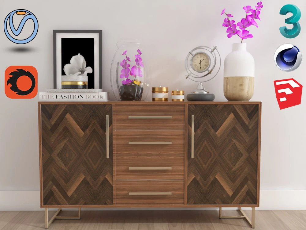 walnut sideboard 3D Model .c4d .max .obj .3ds .fbx .stl .blend 