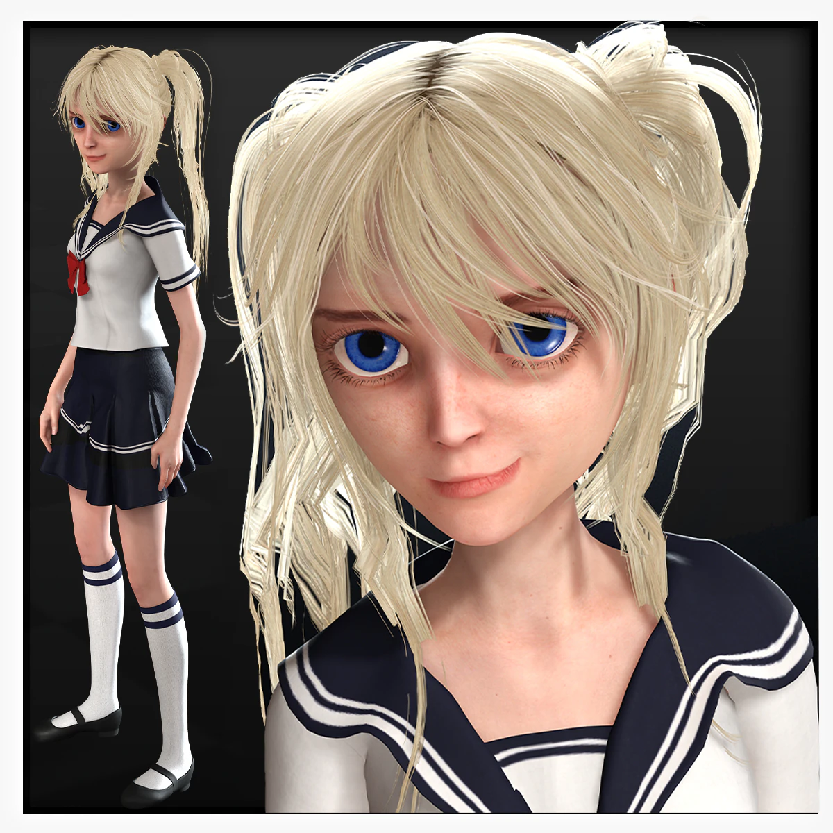 School Girl ANIME WOMAN AND SCHOOL GIRL SKIRT SOCKS HAIR EYES 3D Model .c4d .max .obj .3ds .fbx .stl .blend