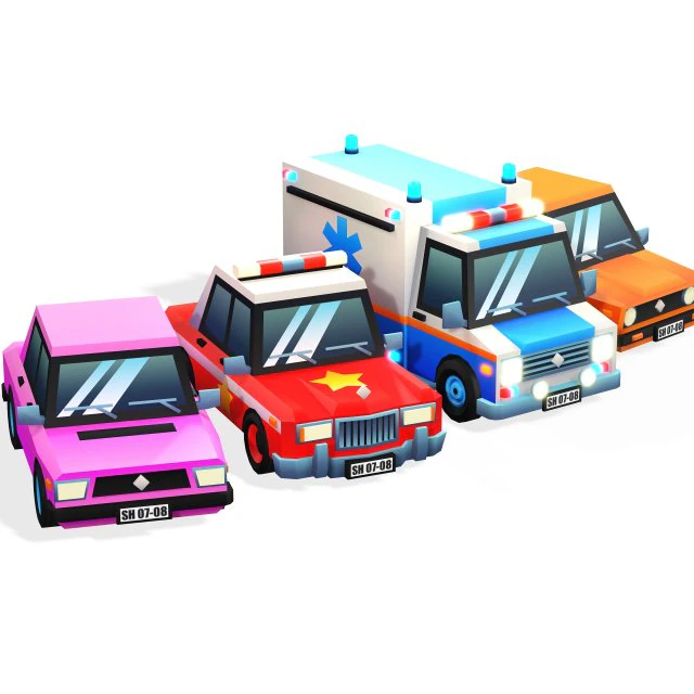 COLLEZIONE DI 4 AUTO DEI FUMETTI AUTO A BASSA POLIZIA AMBULANZA DELLA POLIZIA BERLINA HATCHBACK RUOTE Modello 3D .c4d .max .obj .3ds .fbx .stl .blend 