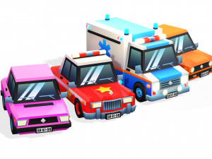 4 CARTOON CARS COLLECTION LOW POLY CAR AMBULANCE POLICE SEDAN HATCHBACK WHEELS 3D मॉडल