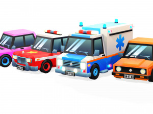 4 CARTOON CARS COLLECTION LOW POLY CAR AMBULANCE POLICE SEDAN HATCHBACK WHEELS Model 3D