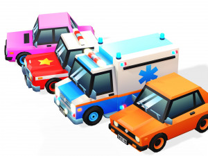 4 CARTOON CARS COLLECTION LOW POLY CAR AMBULANCE POLICE SEDAN HATCHBACK WHEELS Model 3D
