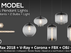 glass pendant lights 5 pendants 2 bulbs 3D Model