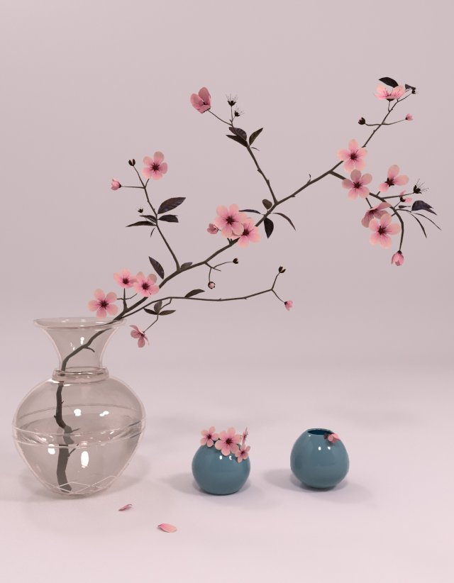 decorative set - vase with sakura 3D 模型 .c4d .max .obj .3ds .fbx .stl .blend 