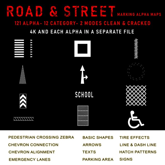 road and street marking alpha maps CG Texturen .c4d .max .obj .3ds .fbx .stl .blend 
