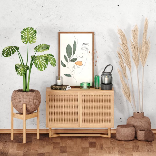 decor set-no5- by rattan table and baskets 3D Model .c4d .max .obj .3ds .fbx .stl .blend 