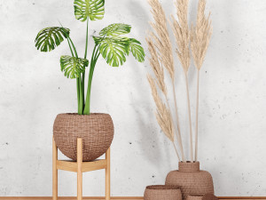 decor set-no5- by rattan table and baskets 3D Model