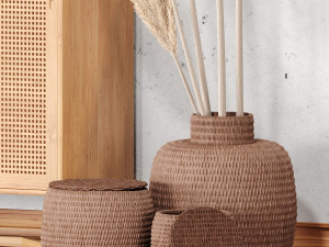 decor set-no5- by rattan table and baskets 3D Model