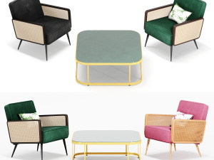 arm chair- rattan cane velvet by table 3D Model