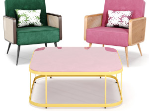 arm chair- rattan cane velvet by table 3D 模型