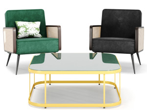 arm chair- rattan cane velvet by table 3D Model