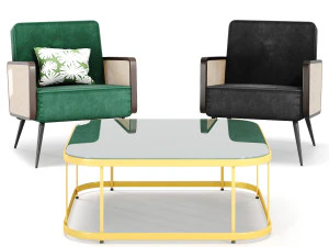 arm chair- rattan cane velvet by table 3D Model
