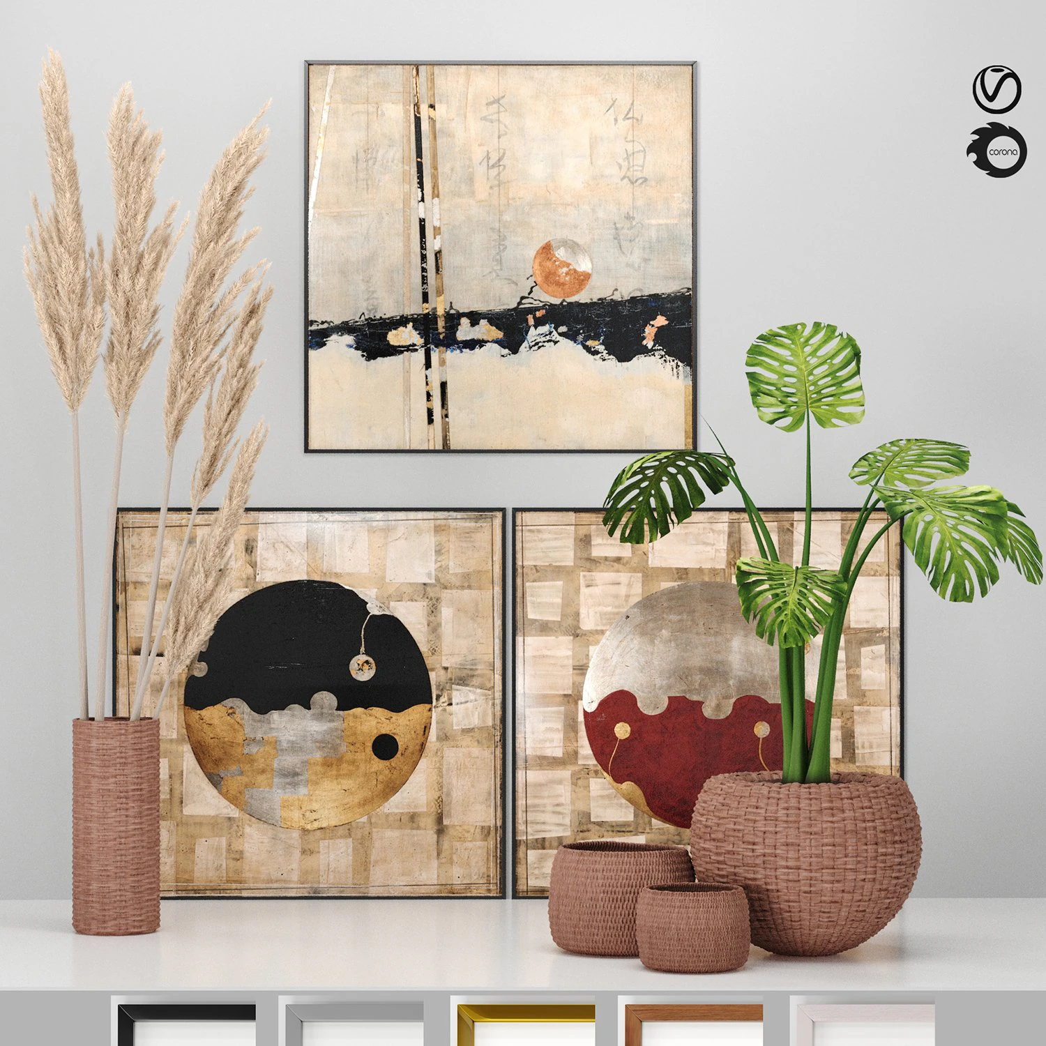 decor set -no9- vase baskets by 3 art frames 3D Model .c4d .max .obj .3ds .fbx .stl .blend