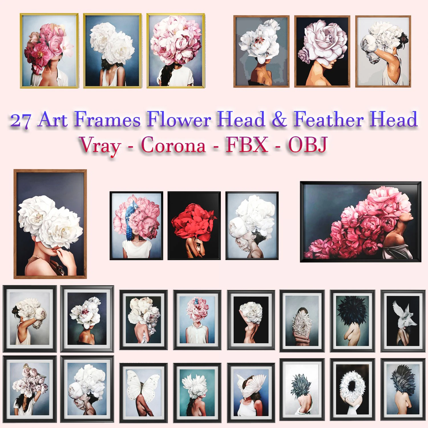 27 art frames flower head and feather head 3D Model .c4d .max .obj .3ds .fbx .stl .blend