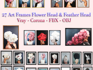 27 art frames flower head and feather head 3D Model