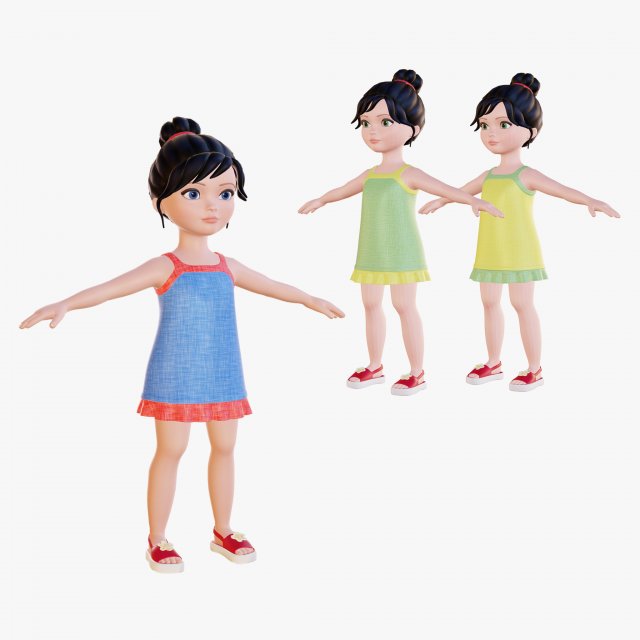 Cartoon girl brunette in sundress Modèle 3D .c4d .max .obj .3ds .fbx .stl .blend 