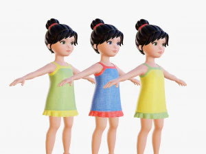 Morena de menina dos desenhos animados em vestido de ver&atilde;o Modelo 3D