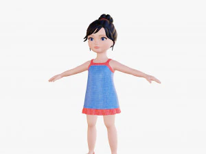 Morena de menina dos desenhos animados em vestido de ver&atilde;o Modelo 3D