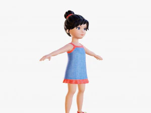 Morena de menina dos desenhos animados em vestido de ver&atilde;o Modelo 3D