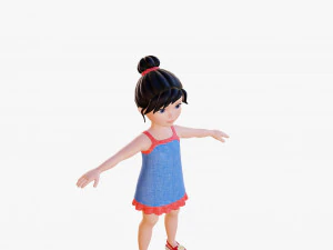 Morena de menina dos desenhos animados em vestido de ver&atilde;o Modelo 3D