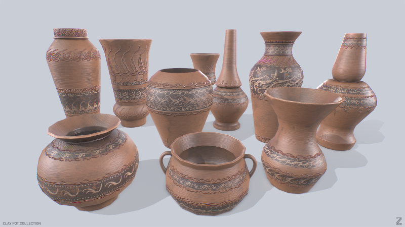 Clay pot collection Model 3D .c4d .max .obj .3ds .fbx .stl .blend 