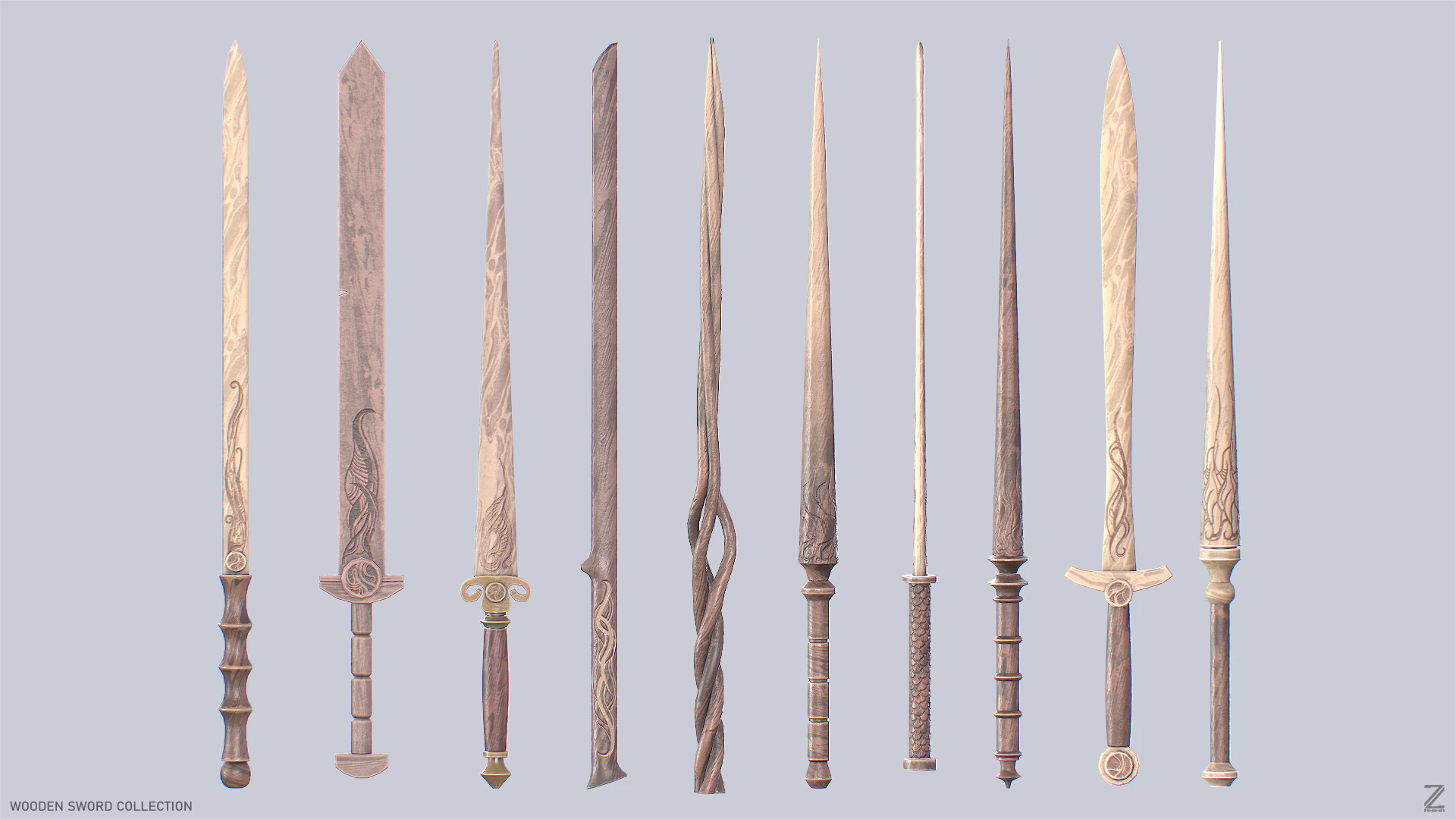Wooden sword collection 3D Model .c4d .max .obj .3ds .fbx .stl .blend