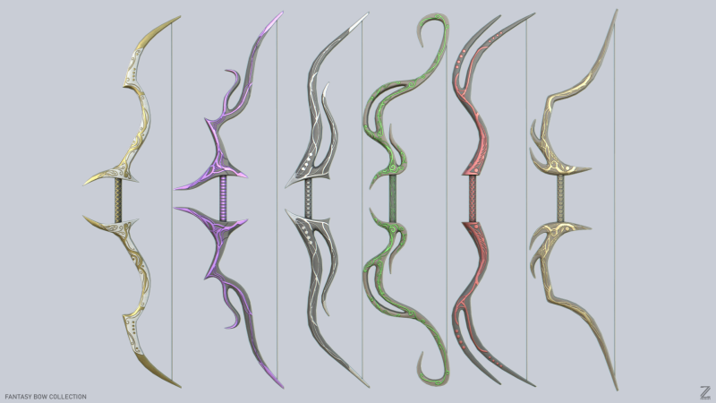Fantasy bow collection 3D Model .c4d .max .obj .3ds .fbx .stl .blend 