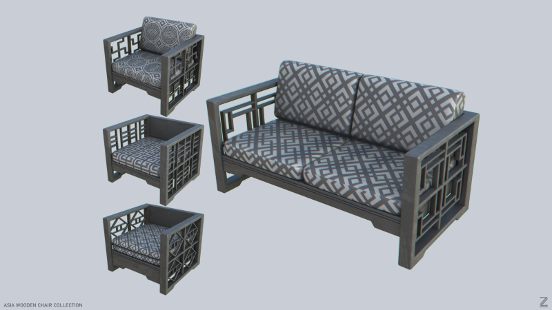 Asia wooden chair collection 3D Model .c4d .max .obj .3ds .fbx .stl .blend 