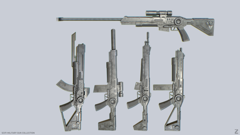 Scifi military rifle collection 3D Model .c4d .max .obj .3ds .fbx .stl .blend